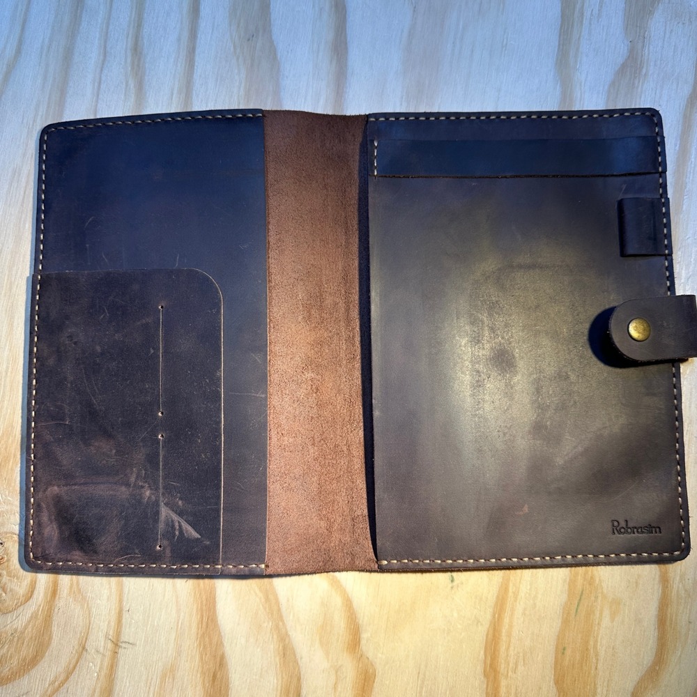 Robrasim handstitched Dark Brown Leather Journal Cover Pen Loop Snap Closure